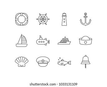 Nautical, marine line icons set with life buoy, helm, lighthouse, anchor, boat, submarine, yacht, sailor cap, seashell, captain hat, fish, ship bell.