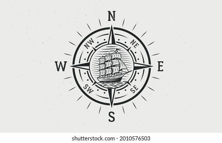 Nautical, Marine logo. Vintage emblem with compass and ship. Trendy vintage print for t-shirt, typography. Vintage ship, boat, sailboat. Vector illustration