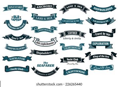 Nautical , marine and maritime themed ribbon banners with various text in shades of blue, vector illustration isolated on white