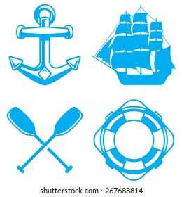 Nautical, marine and ocean elements. Shapes of a boat anchor, a sailing ship, oars or paddles and a life preserver included.