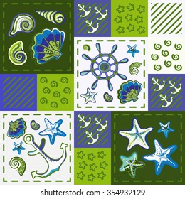 Nautical marine patchwork seamless pattern with shells, starfish, anchor and wheel. Patchwork background with sea life.