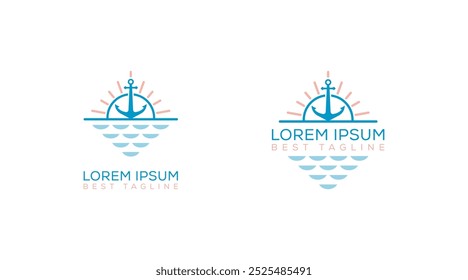 Nautical marine retro emblems logo with anchor and sun, anchor logo design vector