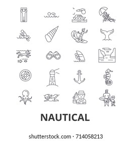 Nautical, marine, sailing, anchor, sea, navy, ocean, fishing line icons. Editable strokes. Linear isolated signs