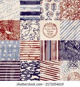 Nautical marine sailing elements patchwork vintage vector seamless pattern