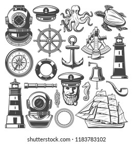 Nautical and marine sailing icons. Vector sketch of seafarer captain hat, ship helm or anchor on rope and lighthouse, retro frigate boat and diver aqualung, octopus or underwater turtle animal