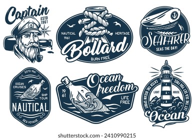 Nautical marine sailor emblem set, ocean captain adventure or sea spirit, lighthouse and bollard