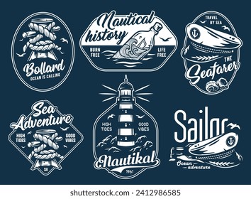 Nautical marine sailor emblem set, ocean adventure or sea spirit, lighthouse and captain cap