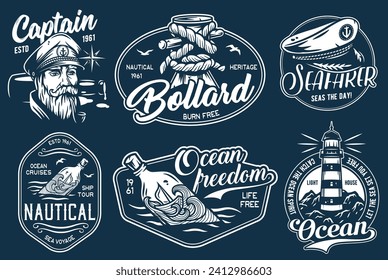 Nautical marine sailor emblem set, ocean captain adventure or sea spirit, lighthouse and bollard