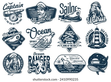 Nautical marine sailor prints, captain cap and bollard, sea ship wanderer, ocean spirit, seafarer walrus