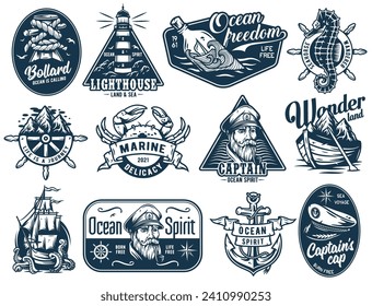 Nautical marine sailor prints, captain cap, anchor and bollard, sea wanderer, ocean spirit, seafarer emblems