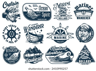 Nautical marine sailor prints, captain cap, anchor and bollard, sea wanderer, ocean spirit, seafarer emblems