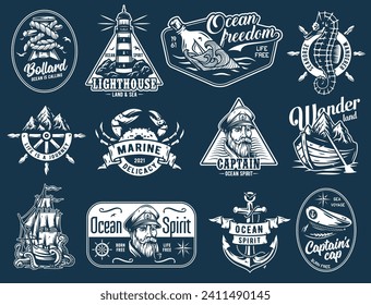 Nautical marine sailor prints, captain cap, anchor and bollard, sea wanderer, ocean spirit, seafarer emblems