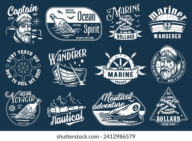 Nautical marine sailor prints, captain cap, anchor and bollard, sea wanderer, ocean spirit, seafarer emblems