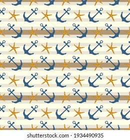 Nautical marine seamless pattern with anchor and starfish on a striped  geometric background  design. Pattern in swatch