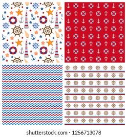 Nautical marine seamless pattern set, lighthouse, anchor, steering wheel, life buoy. Matching companion tiles, zigzag, blue and red color, vector illustration for textile fabric, paper, surface print.