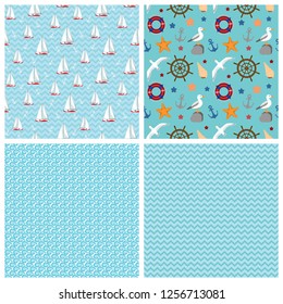 Nautical marine seamless pattern set, sailboat, seagull, anchor, steering wheel, life buoy, yacht. Matching companion tiles, zigzag, waves, teal vector illustration, for textile print, paper, surface.