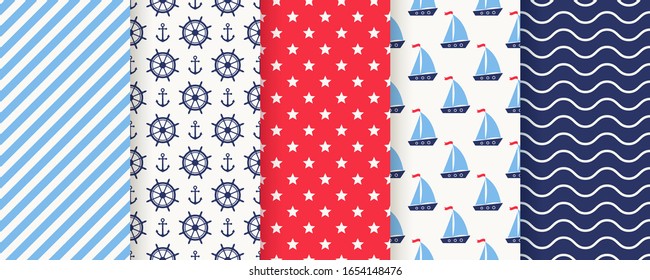 Nautical, marine seamless pattern. Vector. Sea backgrounds with sailboat, anchor, helm, stripe, star and wave. Set summer prints. Geometric texture for baby shower, scrapbooking. Color illustration