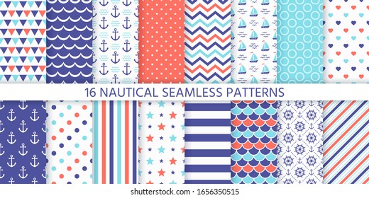 Nautical, marine seamless pattern. Vector. Sea backgrounds with anchor, stripe, sailboat, zigzag and polka dot. Set blue summer print. Geometric texture for baby shower, scrapbook. Color illustration.