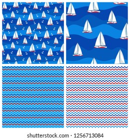 Nautical marine seamless patterns set, yacht, blue waves, sailboat. Four tiles, matching companion ornaments, chevron, zigzag, white sailboat regatta vector illustration, for textile, paper, surface. 