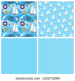 Nautical marine seamless patterns set, yacht, sea gull, steering wheel,azure blue background. White sailboat. Four tiles, matching companion ornaments, vector for textile fabric, paper, surface print.