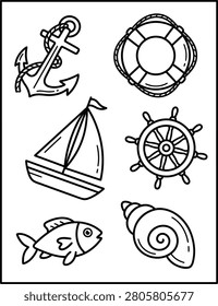Nautical and marine themed hand drawn illustration set with steering wheel marine life ocean life nautical decor sea elements ring ship wheel theme boat design