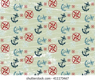 Nautical or marine themed pattern with compass and anchor knots for yacht. Maritime theme pattern. Vector