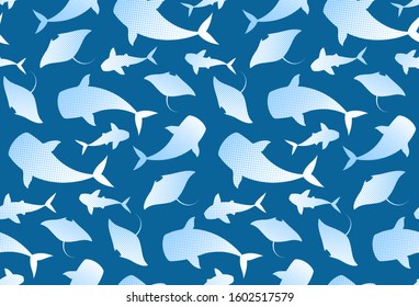 Nautical marine wild life animals seamless background. Vector ocean mammals flat silhouette icons pattern. Classic blue and white whales, dolphins, sharks, manta rays, fishes wallpaper. 