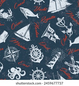 Nautical marine yachting sailing elements patchwork wallpaper vintage vector seamless pattern  for fabric shirt placemat rug carpet pillow tablecloth grunge effect in separate layer