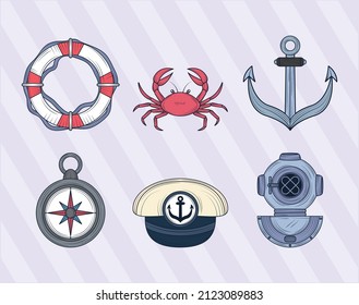 nautical maritime anchor and lifebuoy icons set