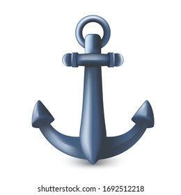 Nautical maritime blue metal anchor 3D symbol or icon. Vector illustration of vessel mooring device or heavy ship attribute isolated on white background