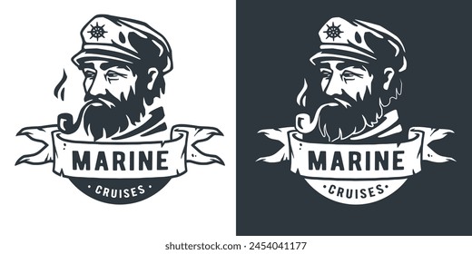 Nautical maritime emblem depicting a sea captain wearing a sailor hat and uniform, with a beard, navigating a ship at sea, in a marine-themed illustration.