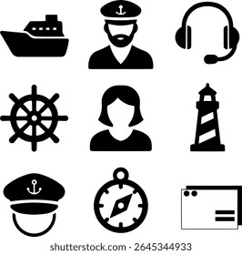 Nautical and Maritime Icons Set.  A comprehensive set of flat black icons representing various elements of nautical and maritime themes. 