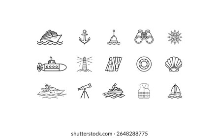 Nautical maritime objects and vessels depicted in line art cruise ship
