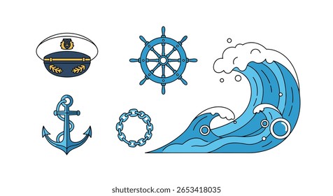 Elementos temáticos marítimos náuticos com roda de navio âncora capitão onda de chapéu e corda motivo para projetos de design marinho