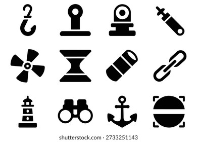 Nautical and mechanical icons hook anchor
