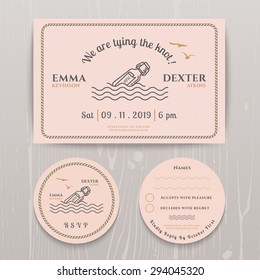 Nautical message in the bottle wedding invitation and RSVP card template set on wood background