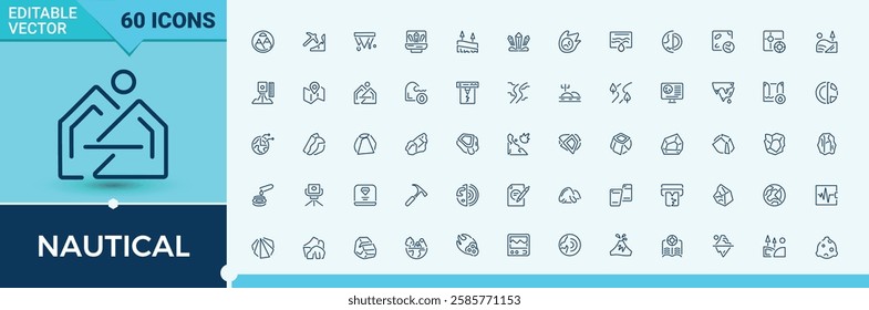 Nautical minimal icon set. Featuring sea, boat, transport, ship, cargo, nautical, marine and more. Simple icon designs. Editable vector art.