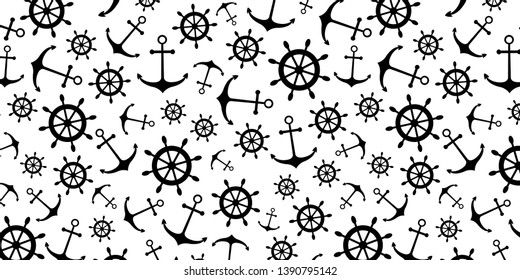 Nautical minimalistic seamless pattern with anchors and ship wheels