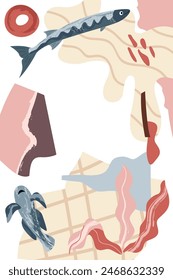 Nautical modern poster. Abstract shapes, fish, sea plants. Template for poster, postcard, banner. Vector illustration in flat modern style. 