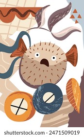 Nautical modern poster. Abstract shapes, fish, sea plants. Template for poster, postcard, banner. Vector illustration in flat modern style. 