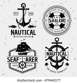 Nautical monochrome logos with marine symbols and letterings on white background with tiny stains isolated vector illustration