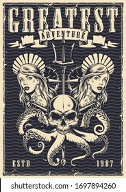 Nautical monochrome vintage poster with spyglasses trident skull with poulpe tentacles pretty girls with seashells headwears vector illustration