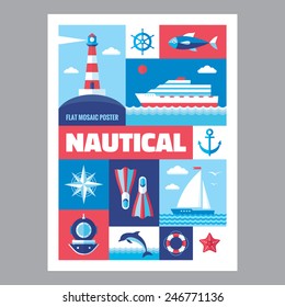 Nautical - mosaic poster flat style. Icons set. Sea ocean marine symbols. Design elements. 