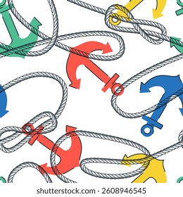 Nautical multicolor transparent anchors and rope seamless pattern. Vector hand drawn sketch illustration on white background. Marine yacht style summer fashion textile print, wrapping paper design