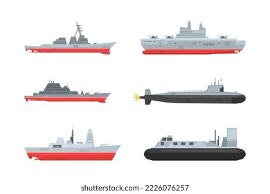 Nautical naval and civil ships set. Submarine, speed boat, cargo ship maritime transport flat vector illustration