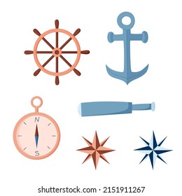 Nautical navigation elements, compass and anchor, cartoon style, spyglass and steering wheel, wind rose. Isolated vector