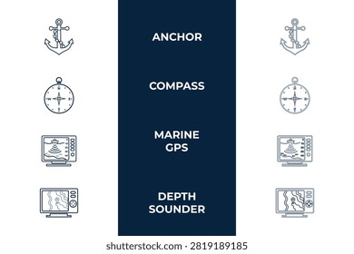 Nautical navigation and marine electronics outline vector icon set with ship anchor, magnetic compass, marine gps, and depth sounder fish finder