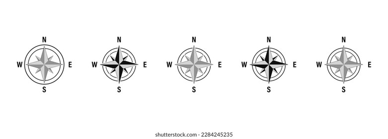 Сompass, nautical navigation, marine travel and adventure. Windrose star with north, south, west and east cardinal direction arrows, ancient compass. 