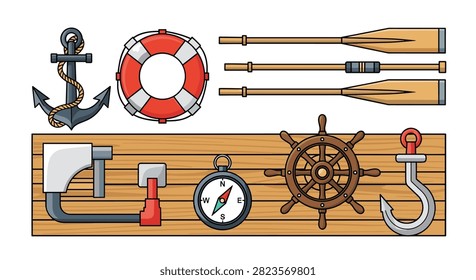 Nautical navigation and maritime equipment including an anchor, lifebuoy, wooden oars, compass, and ship wheel, arranged neatly on a wooden deck surface.