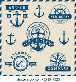 Nautical, Navigational, Seafaring and Marine insignia logotype vintage design with anchor, rope, steering wheel, compass |  Only Free Font Used, Vector illustration  